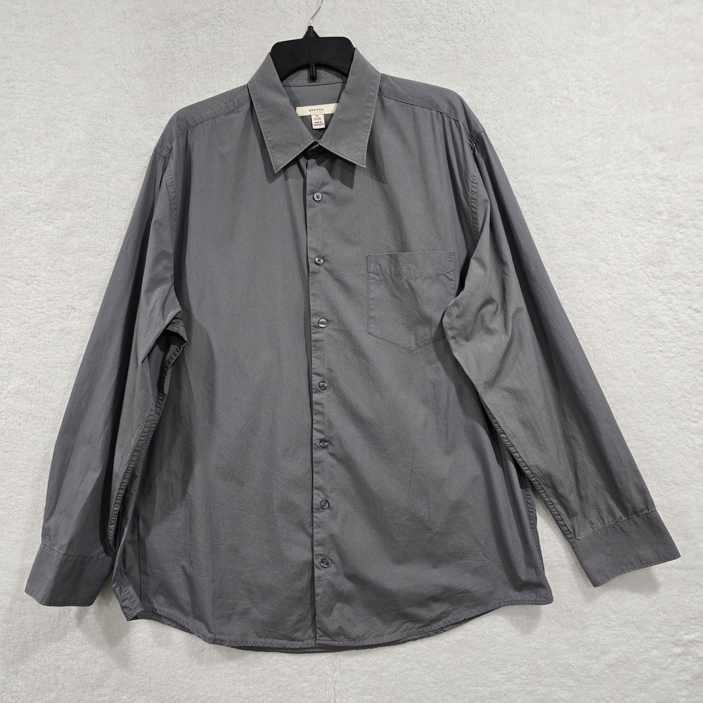Merona Men's Gray Long‎ Sleeve Button-Up Dress Shirt 100% Cotton Size XL 17-17.5